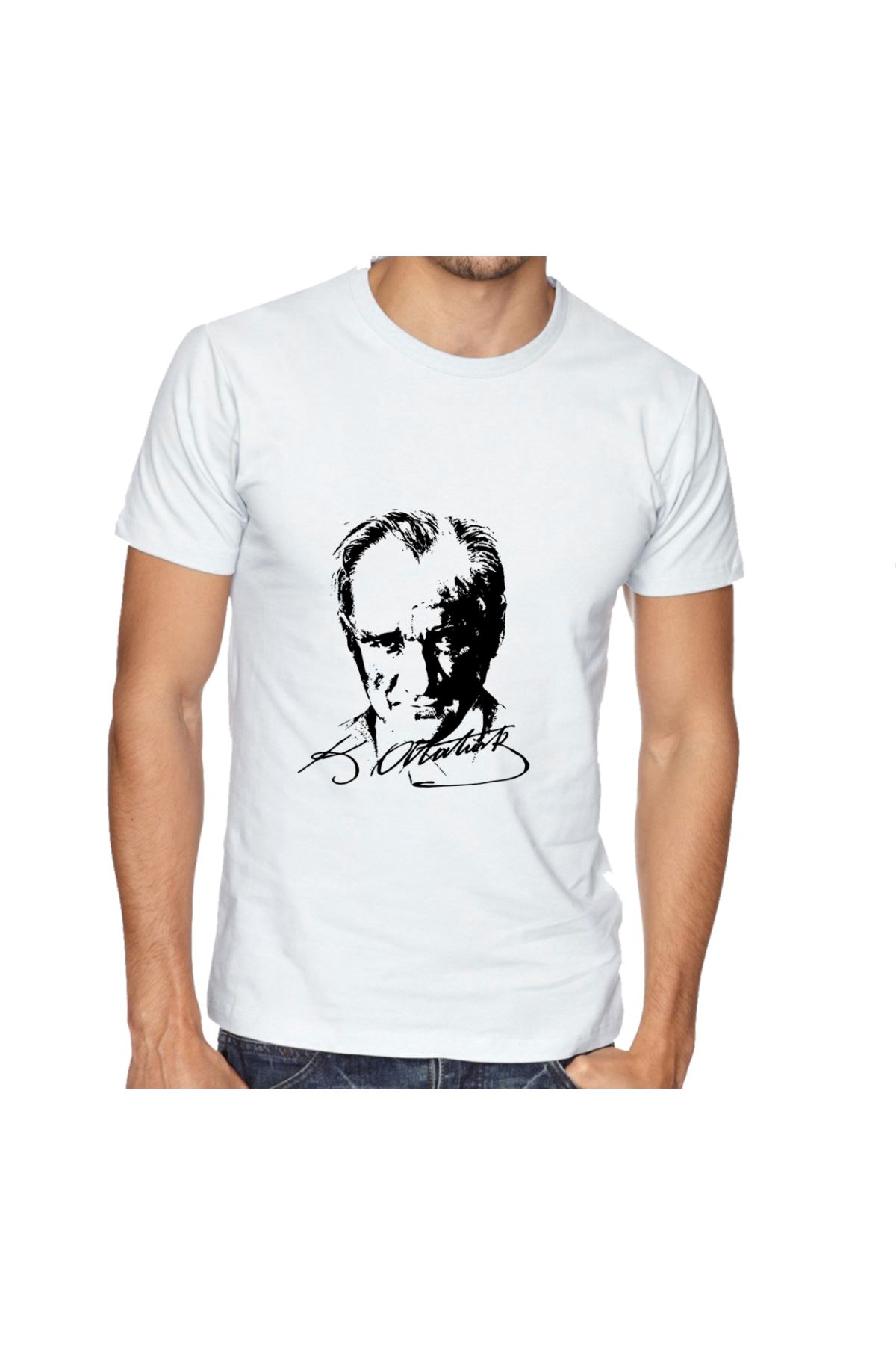 Beyaz Çift Taraf Atatürk Baskılı S-M-L-XL  Pamuklu Tişört