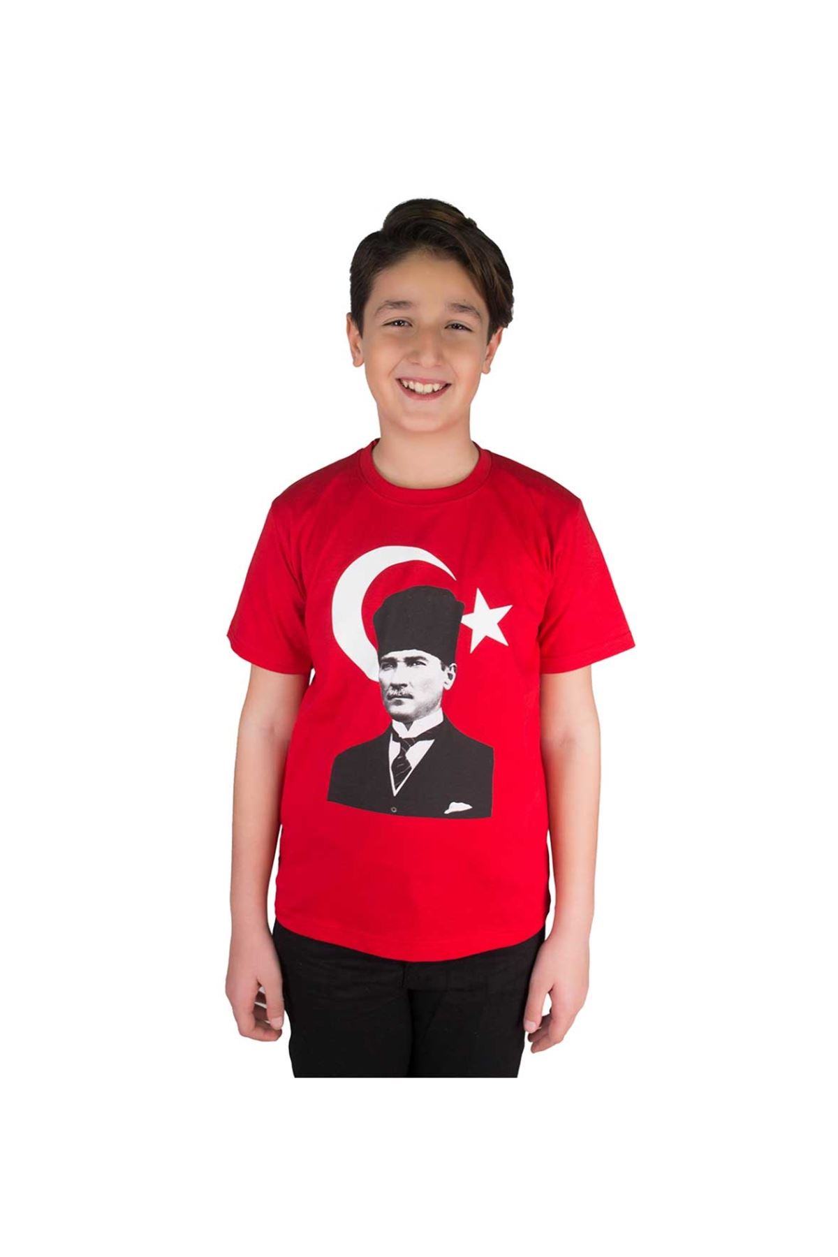 Kırmızı Atatürk ve Bayrak Baskılı Pamuklu Tişört