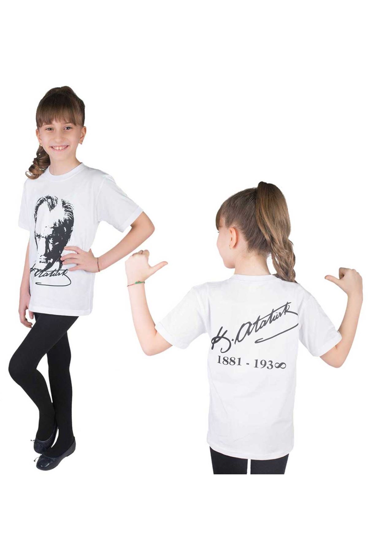 Beyaz Arkası Atatürk İmzalı Atatürk Baskılı Çocuk Tişört