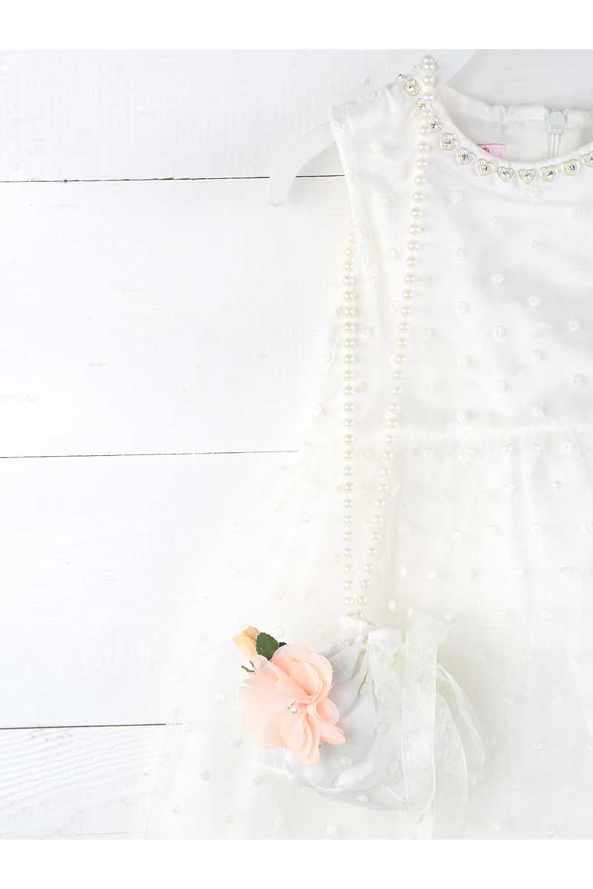 Beyaz Tüllü Çantalı Kız Çocuk Abiye Elbise