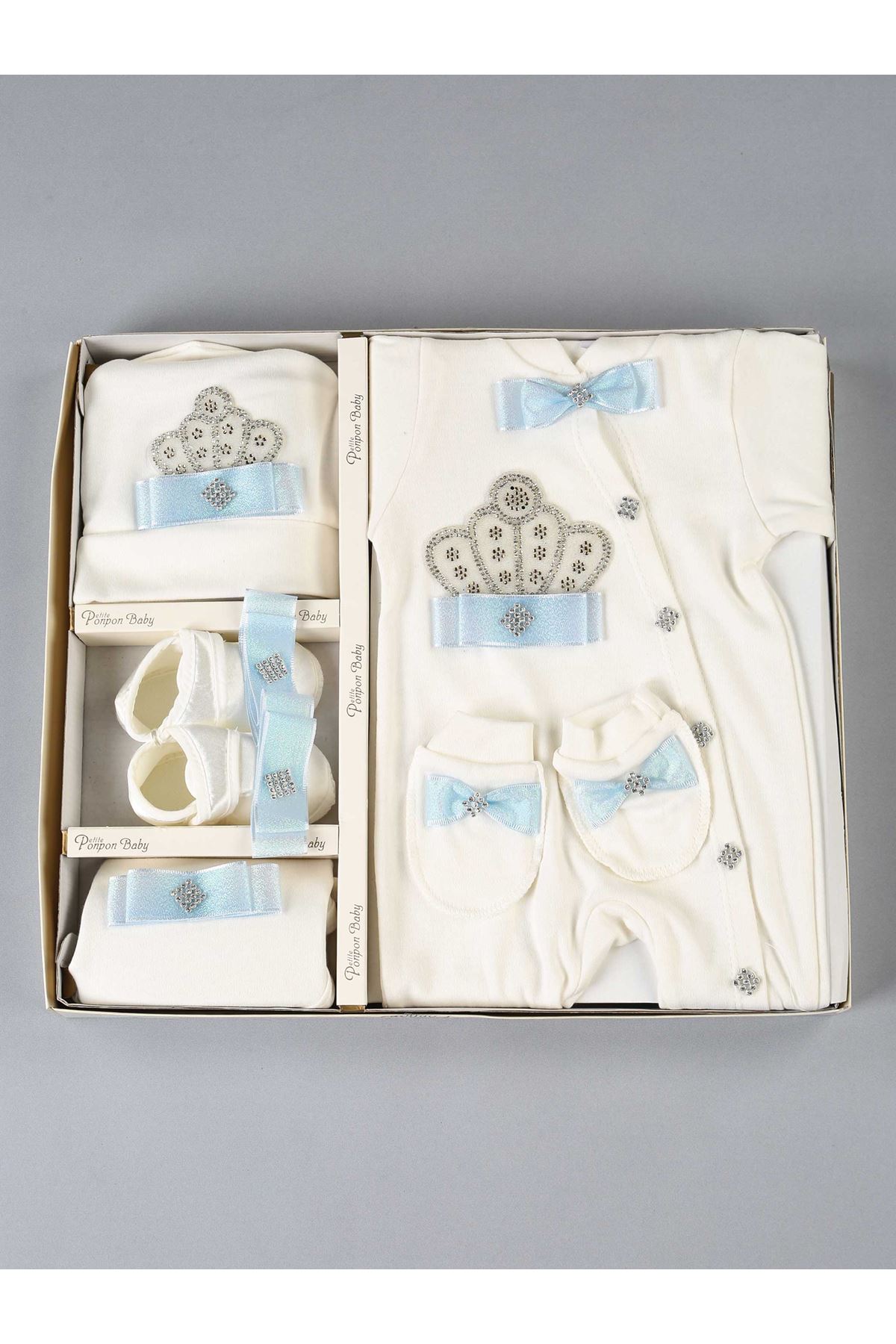 Blue King Crowned Male Baby 5 Piece Jumpsuit Set