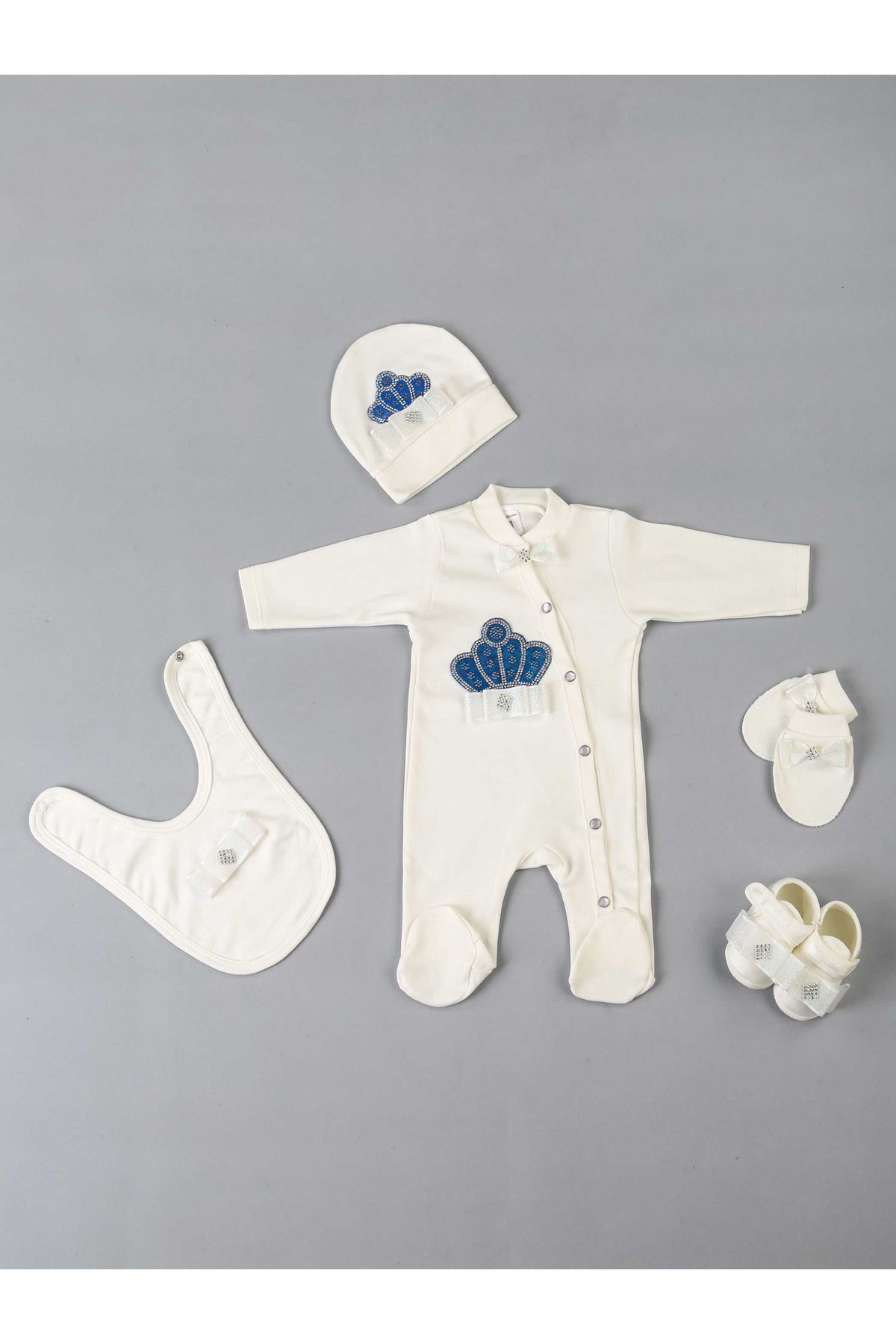 Navy blue King Crowned Male Baby 5 Piece Jumpsuit Set