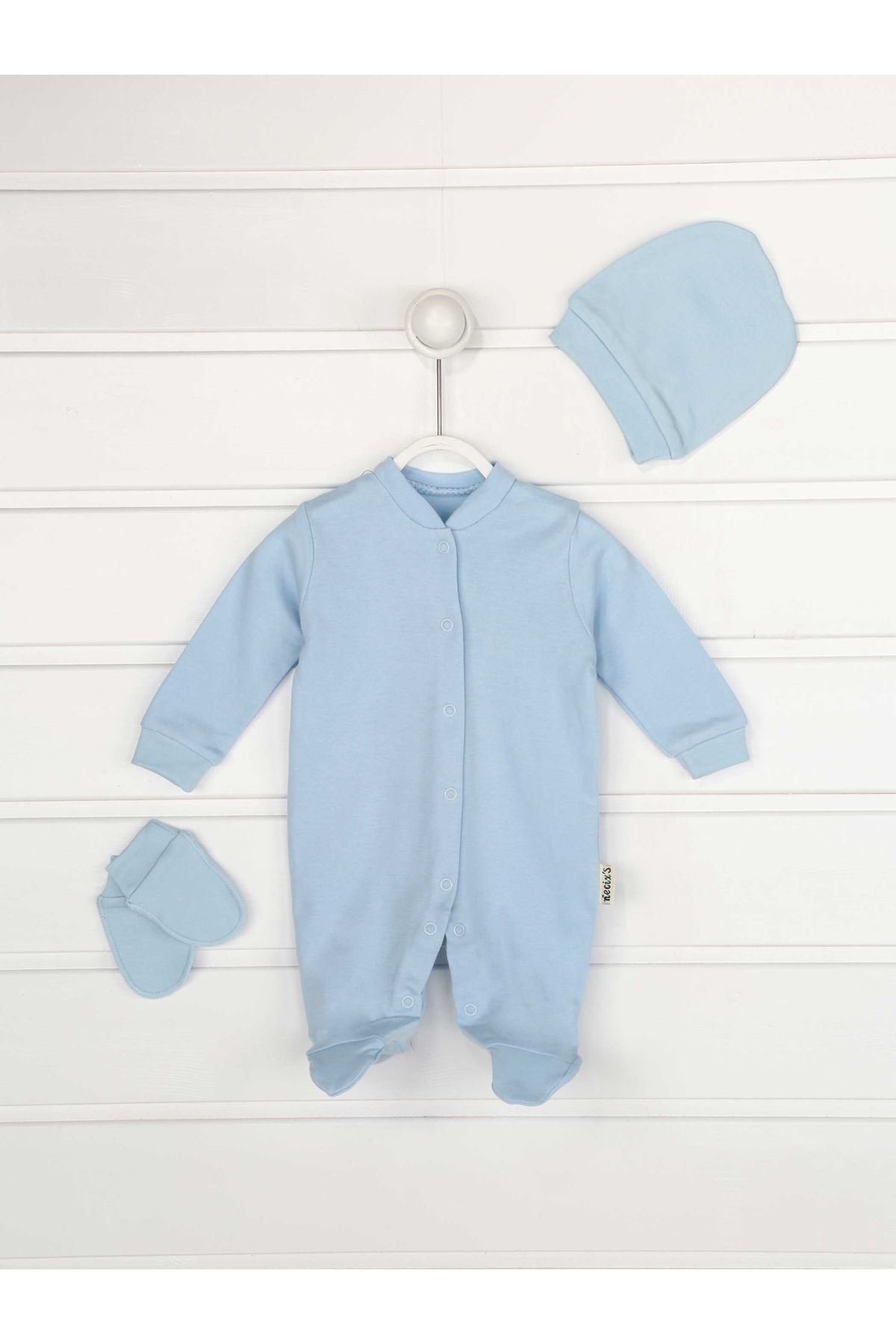 Blue baby boy solid color 3-piece suit overalls gloves hat infants cotton comfortable babies daily newborn hospital outlet model