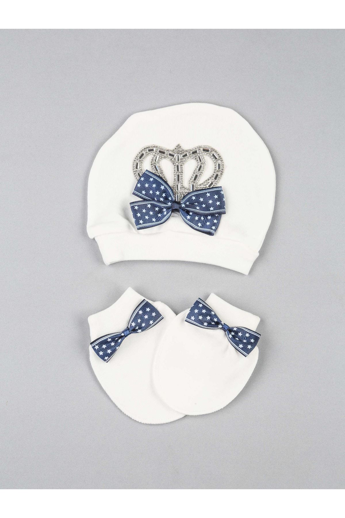 Navy blue baby boy king-crowned 3-piece suit overalls hospital outlet newborn rompers hat gloves cotton casual models