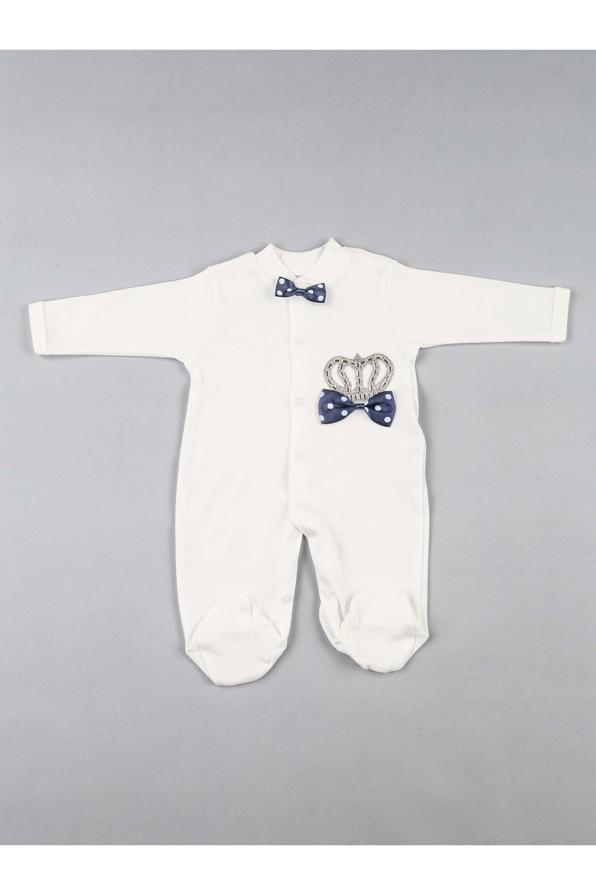 Navy blue king-crowned baby boy suit newborn hospital outlet rompers 3-piece cotton overalls gloves hat sets fashion style
