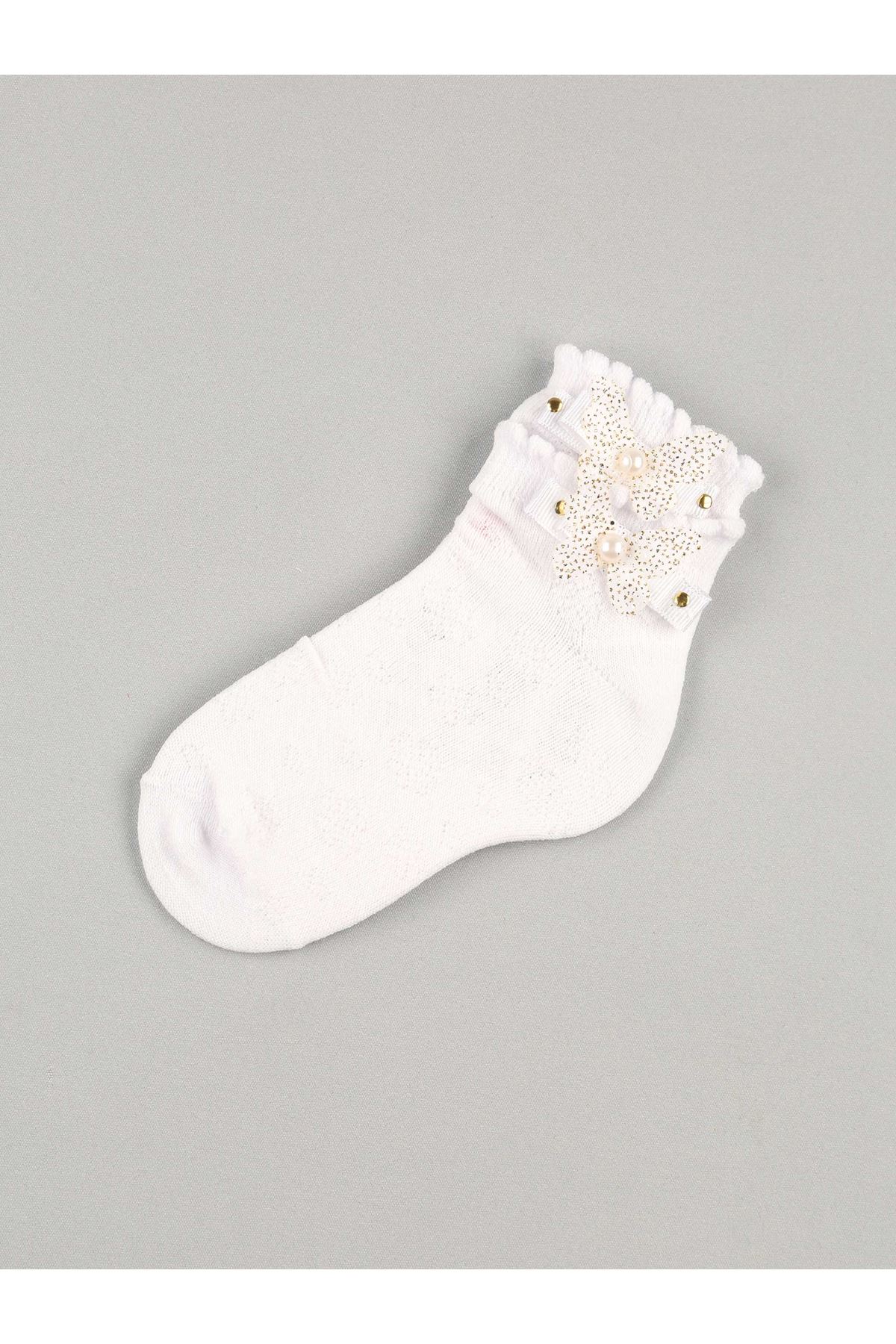 Beyaz Fiyonklu Kelebekli Boncuklu Kız Çocuk Çorap