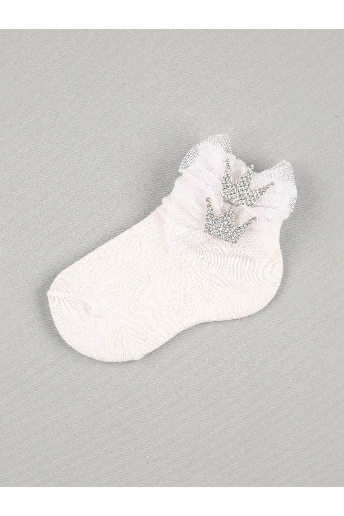 Beyaz Fiyonklu Taçlı Kız Bebek Çorap