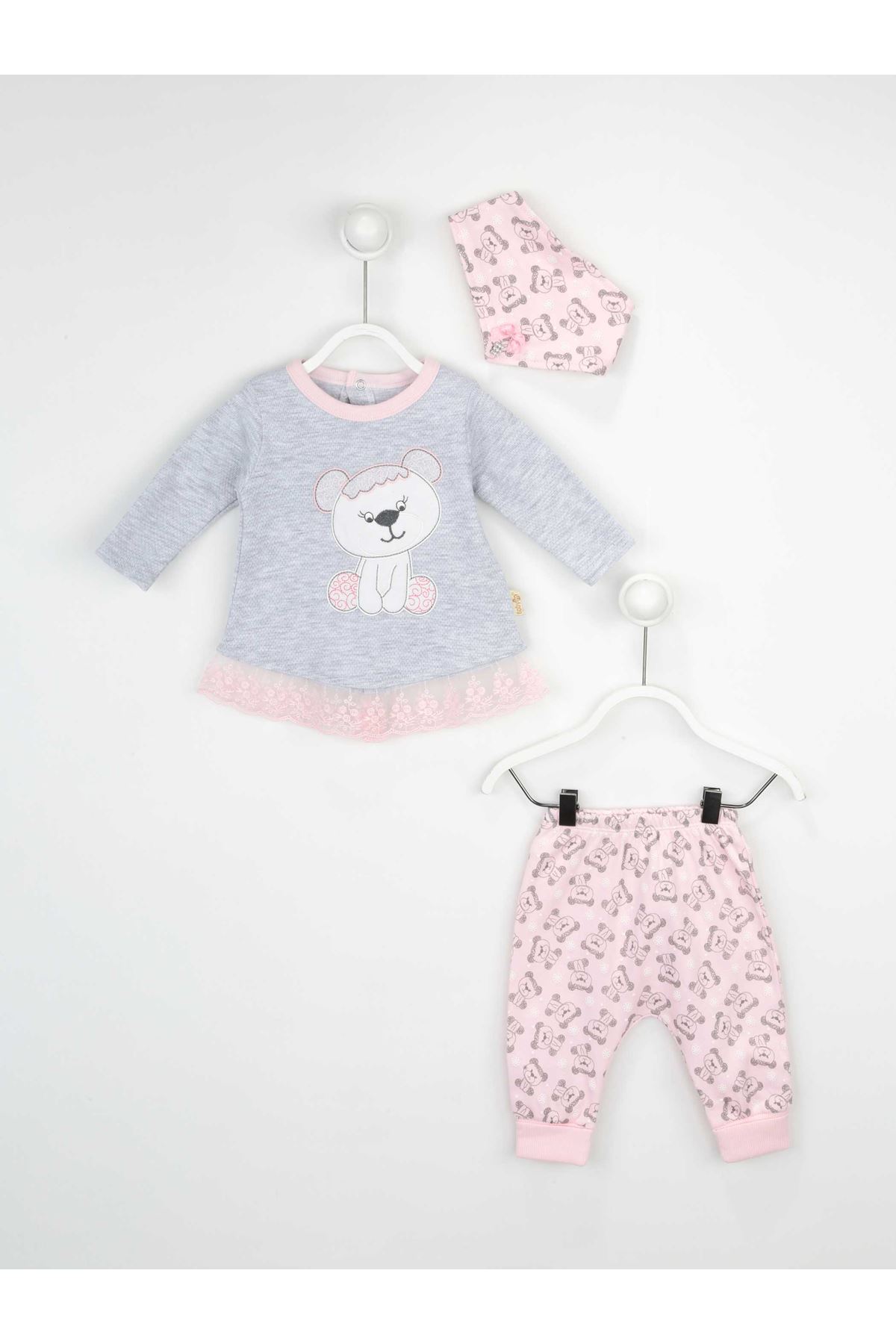 Grey Pink Baby Girl Daily 3 Piece Suit Set Cotton Daily Seasonal Casual Wear Girls Babies Suit Outfit Models