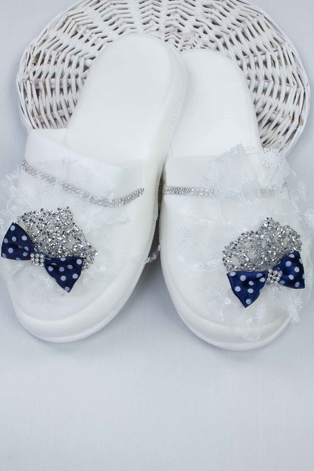 Navy blue Puerperal Crown Slippers and Baby Booties Hat Set