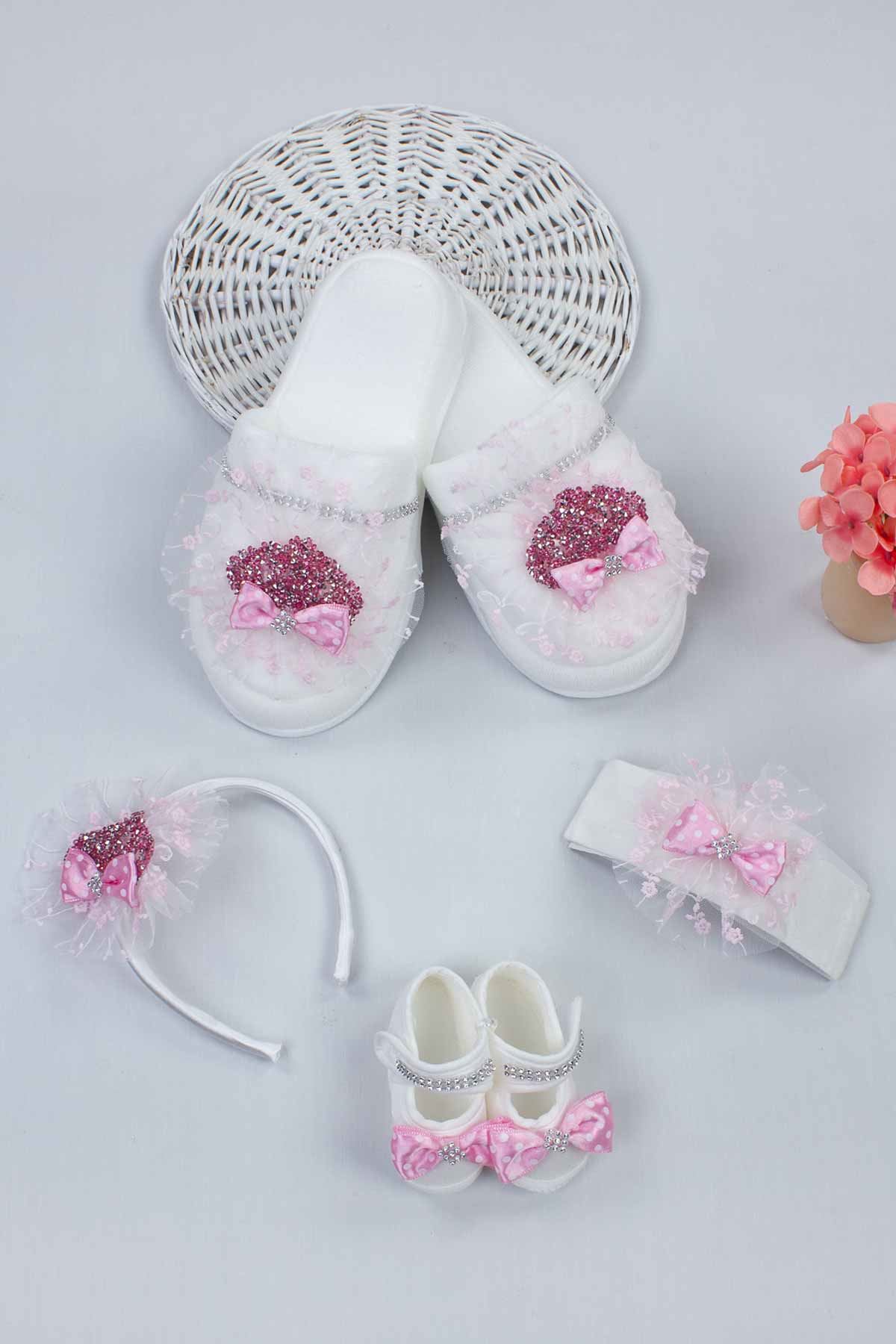 Fuchsia Puerperal Crown Slippers and Baby Booties Bandana Set