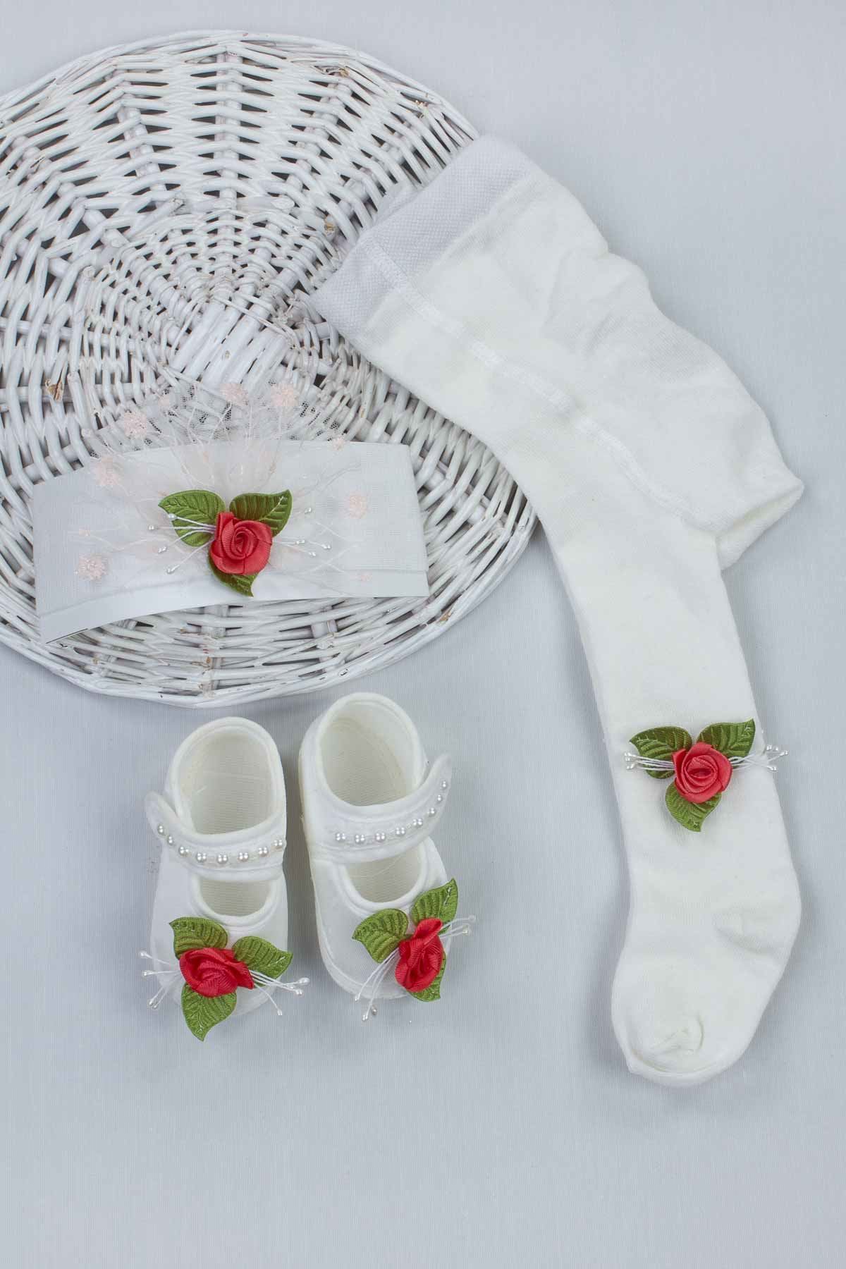 Narçiçeği Kız Bebek 3 lü Hediyelik Çorap Bandana Ayakkabı Set