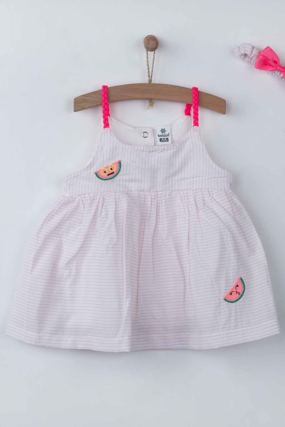 Pembe Yazlık Kız Bebek Bandanalı Elbise