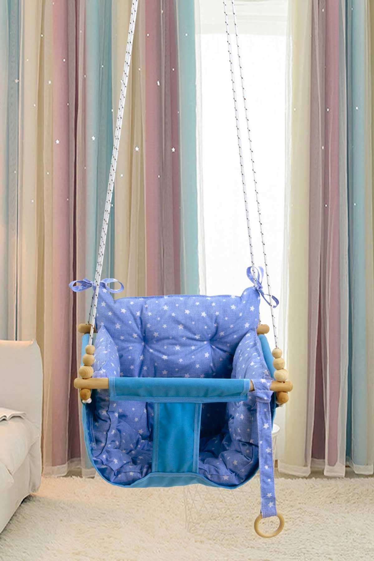Mavi Wag Swing Çocuk Ahşap Salıncak Bebek Hamak Bahçe Salıcağı