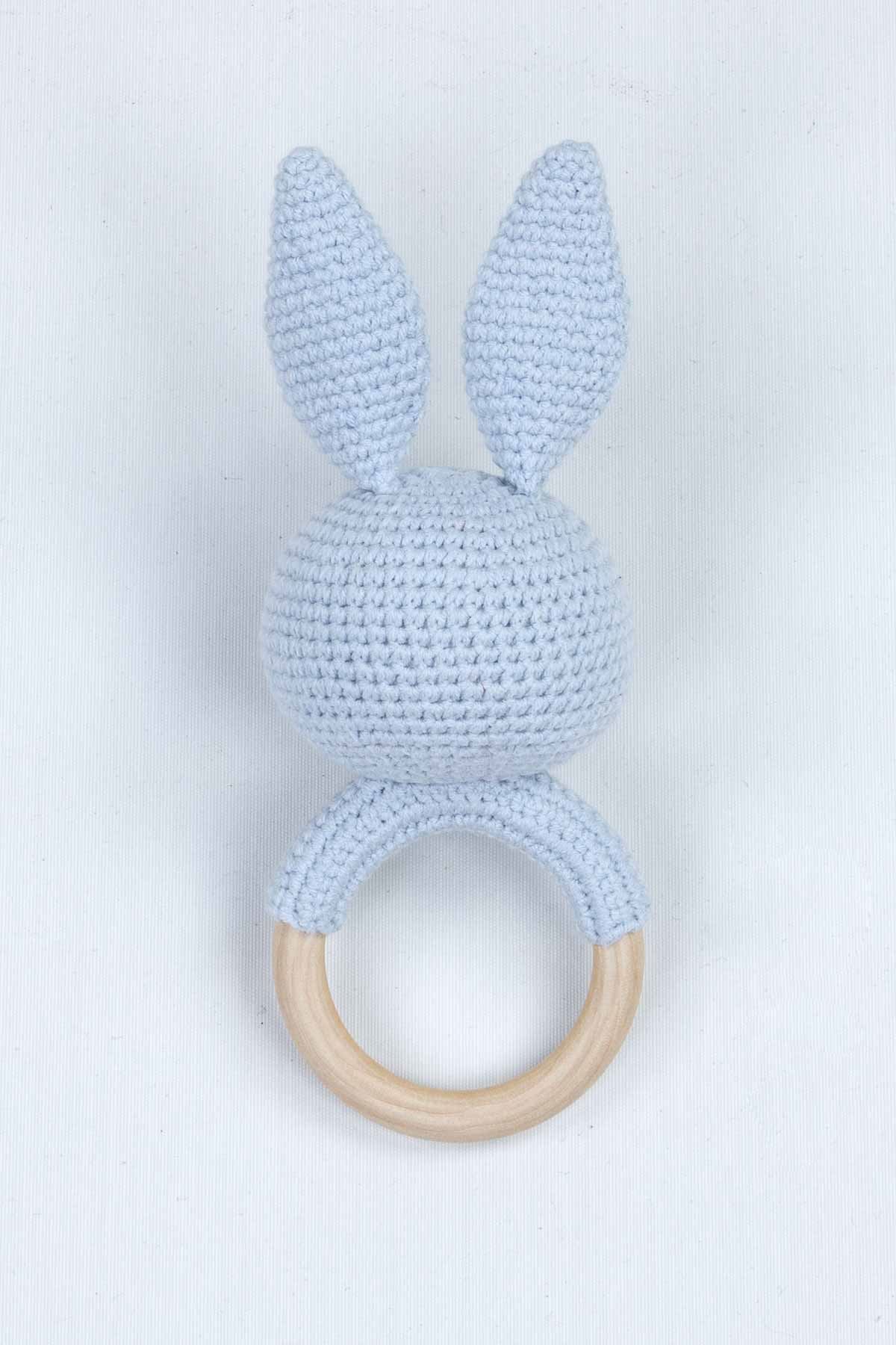 Mavi Organik El Yapımı Amigurumi Tavşan Çıngırak Oyuncak