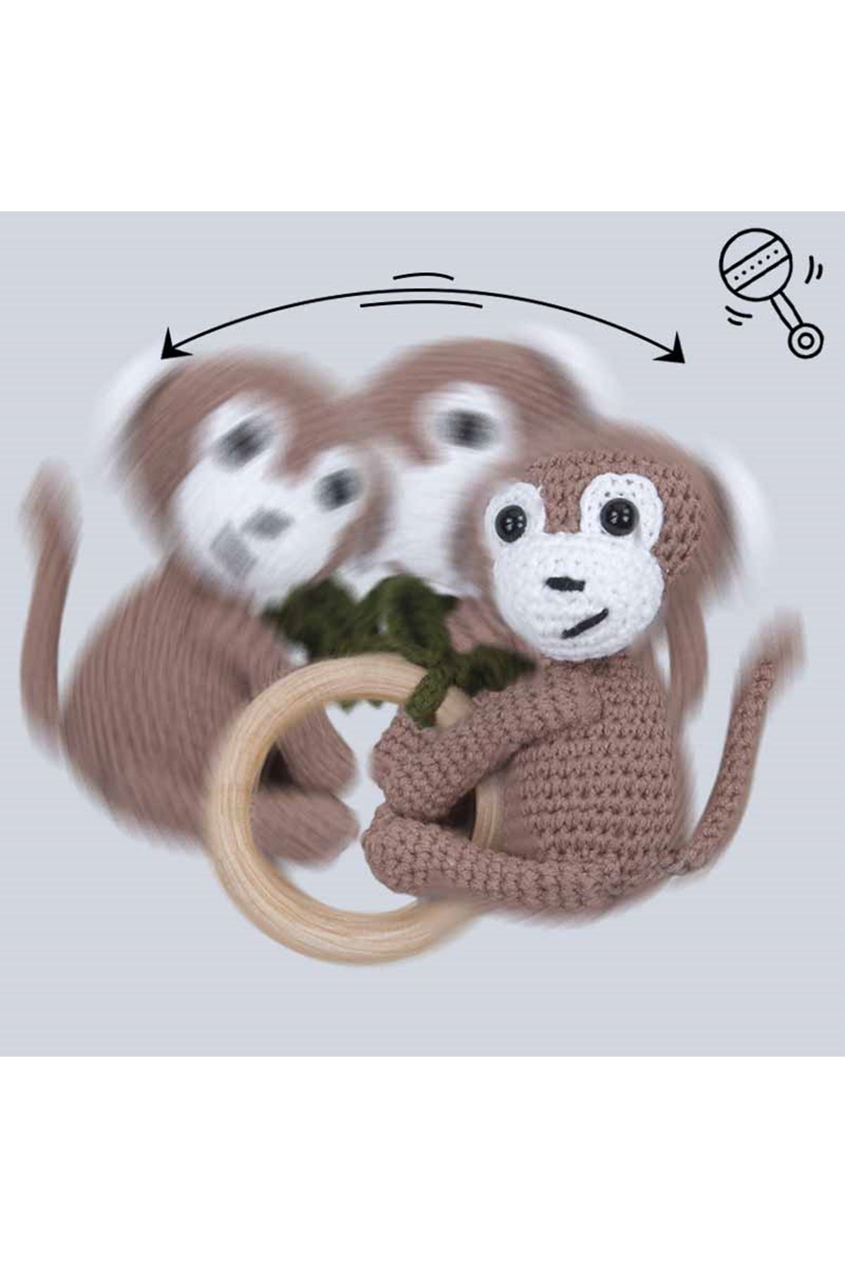 Kahverengi Organik El Yapımı Amigurumi Maymun Çıngırak Oyuncak