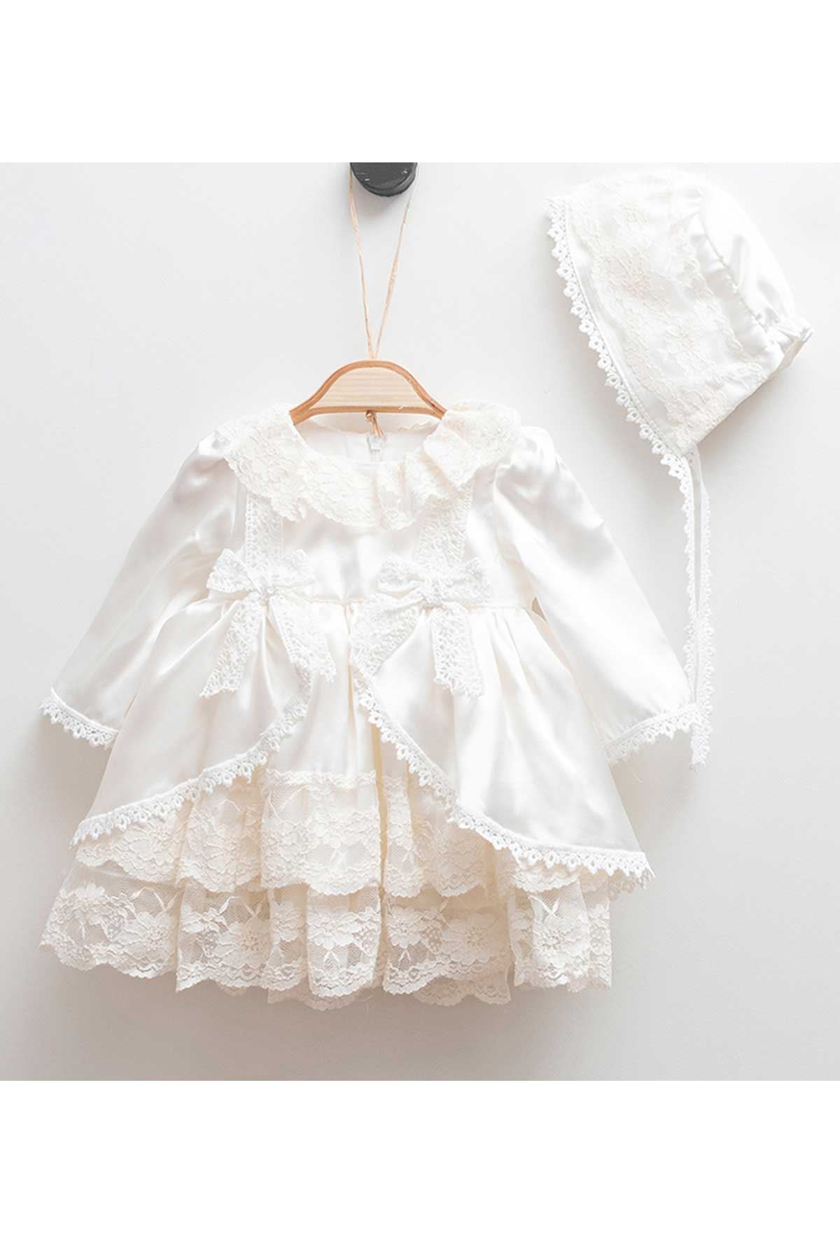 Krem Pelerin Dantel Kız Bebek Elbise Set