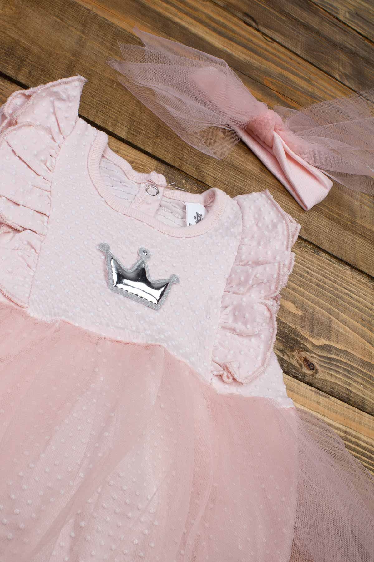 Pudra Yazlık Kız Bebek Tüllü Bandanalı Elbise