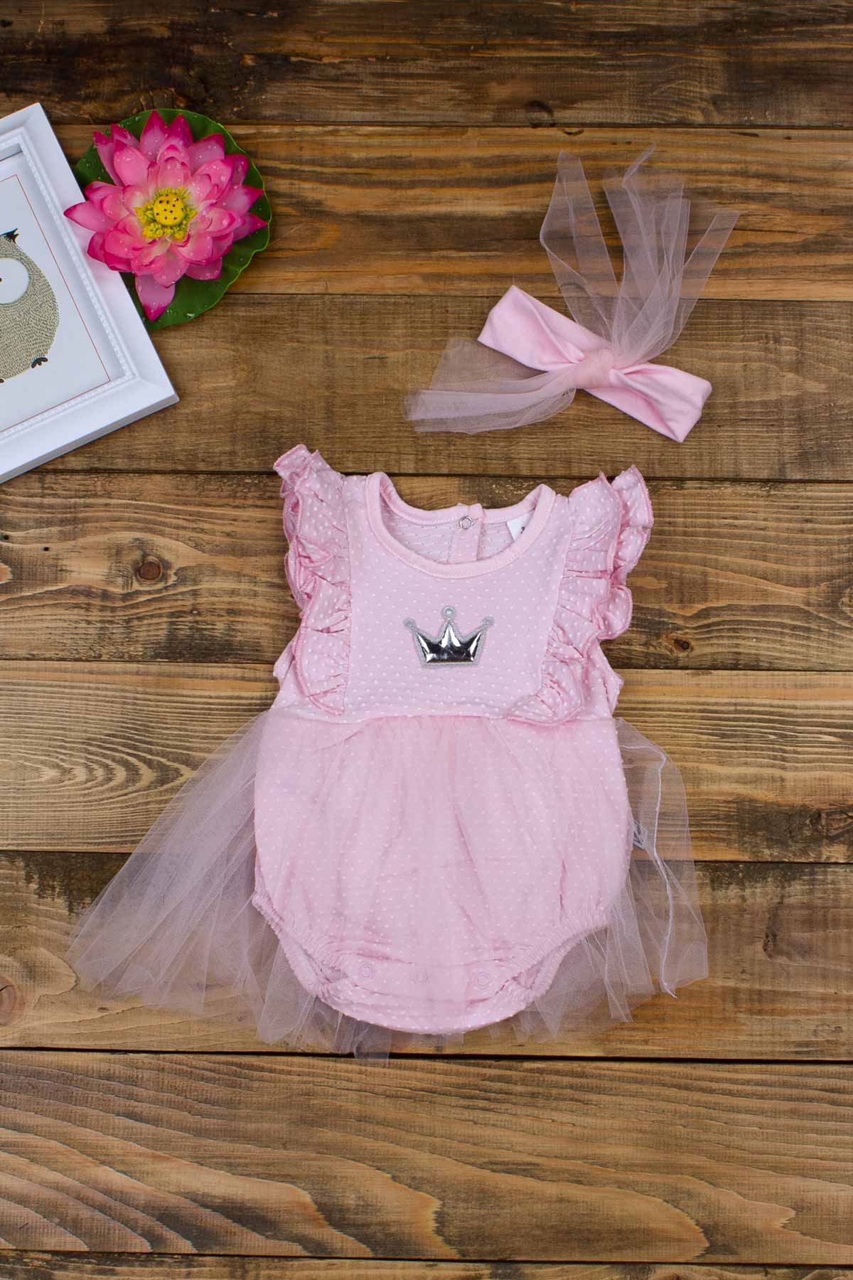 Pembe Yazlık Kız Bebek Tüllü Bandanalı Elbise