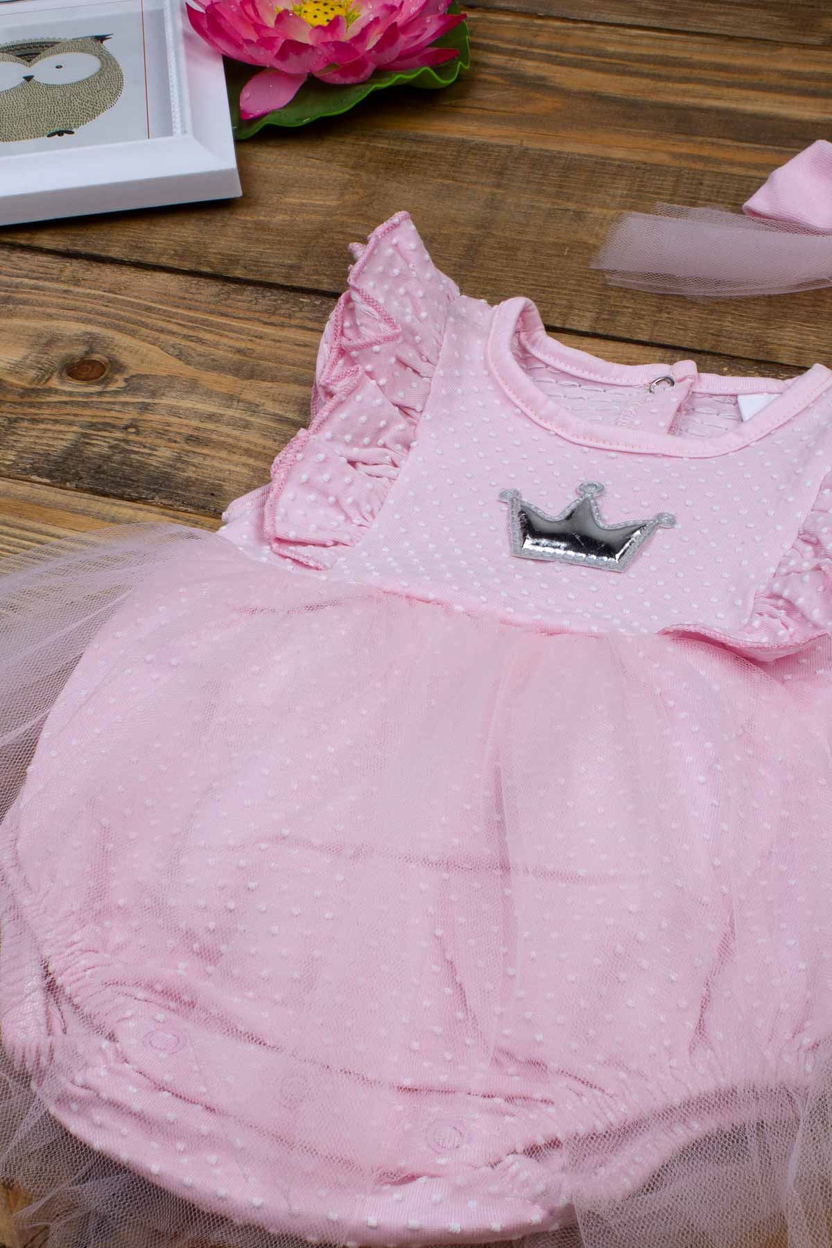 Pembe Yazlık Kız Bebek Tüllü Bandanalı Elbise