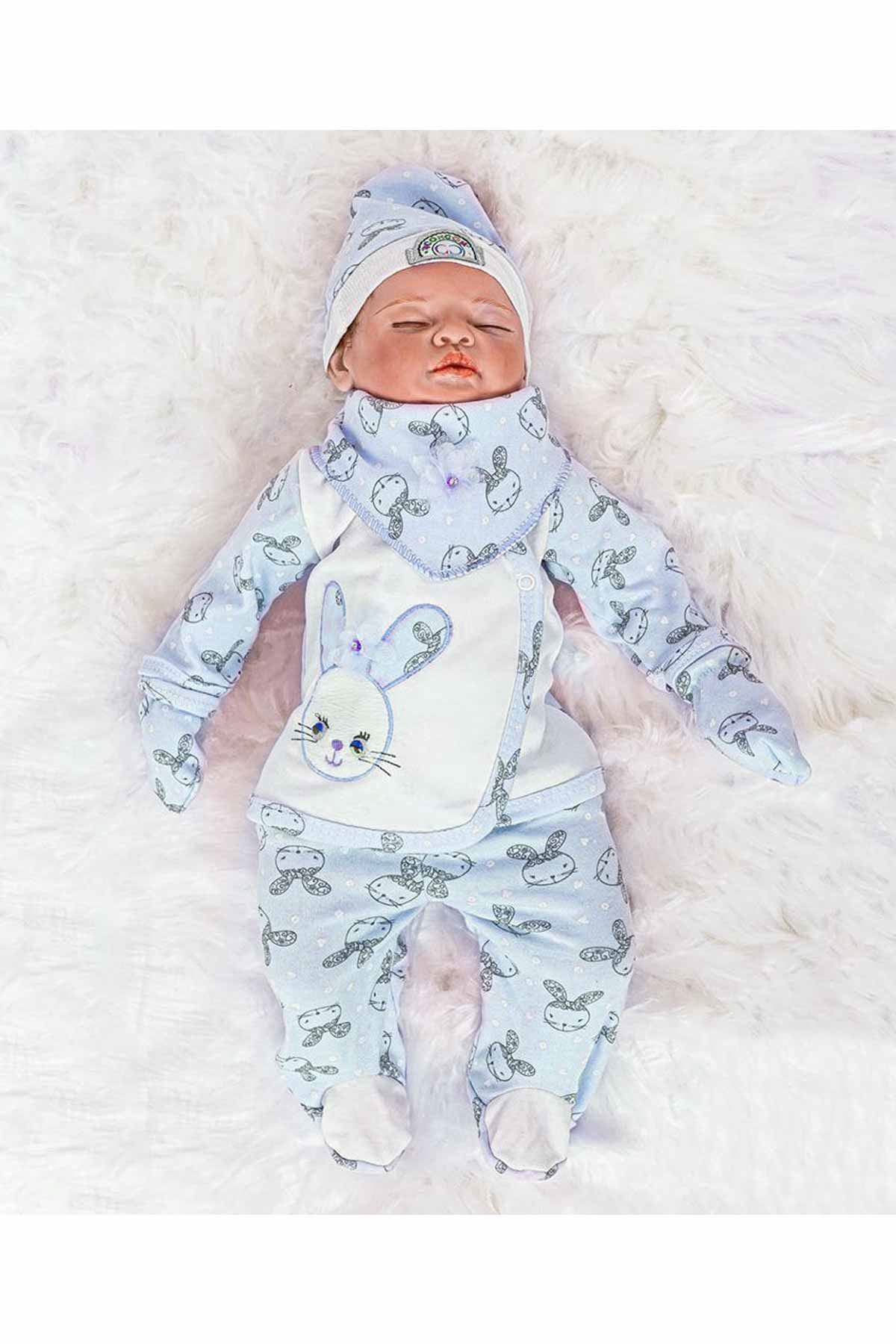 Mavi 5 Parça Tavşan Nakışlı Erkek Bebek Hastane Çıkışı Seti