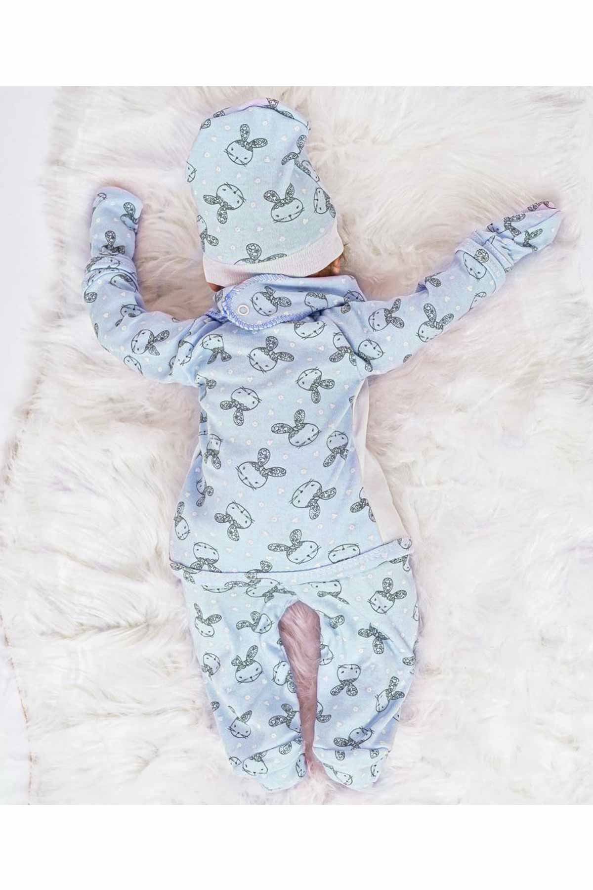 Mavi 5 Parça Tavşan Nakışlı Erkek Bebek Hastane Çıkışı Seti