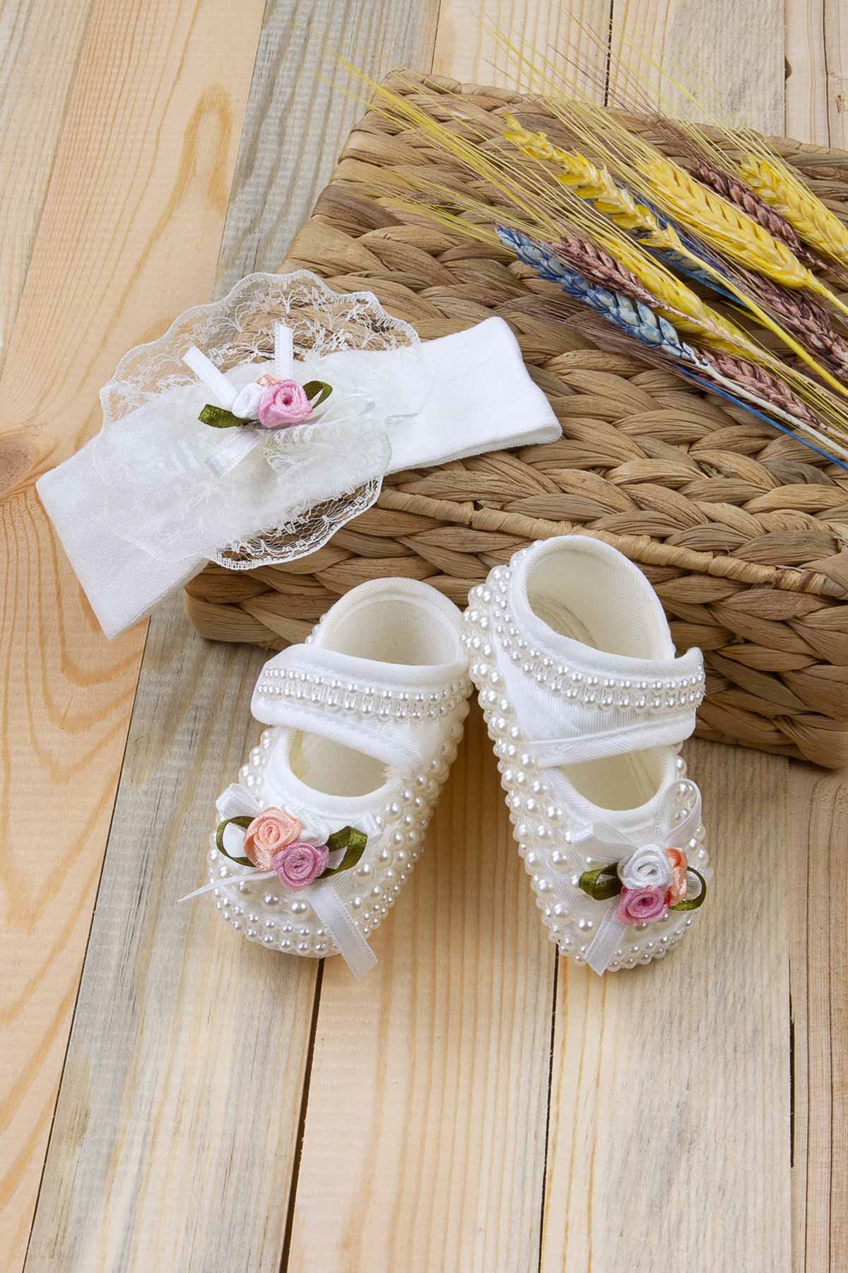 Krem İncili Kız Bebek Ayakkabı Saç Bandı Set