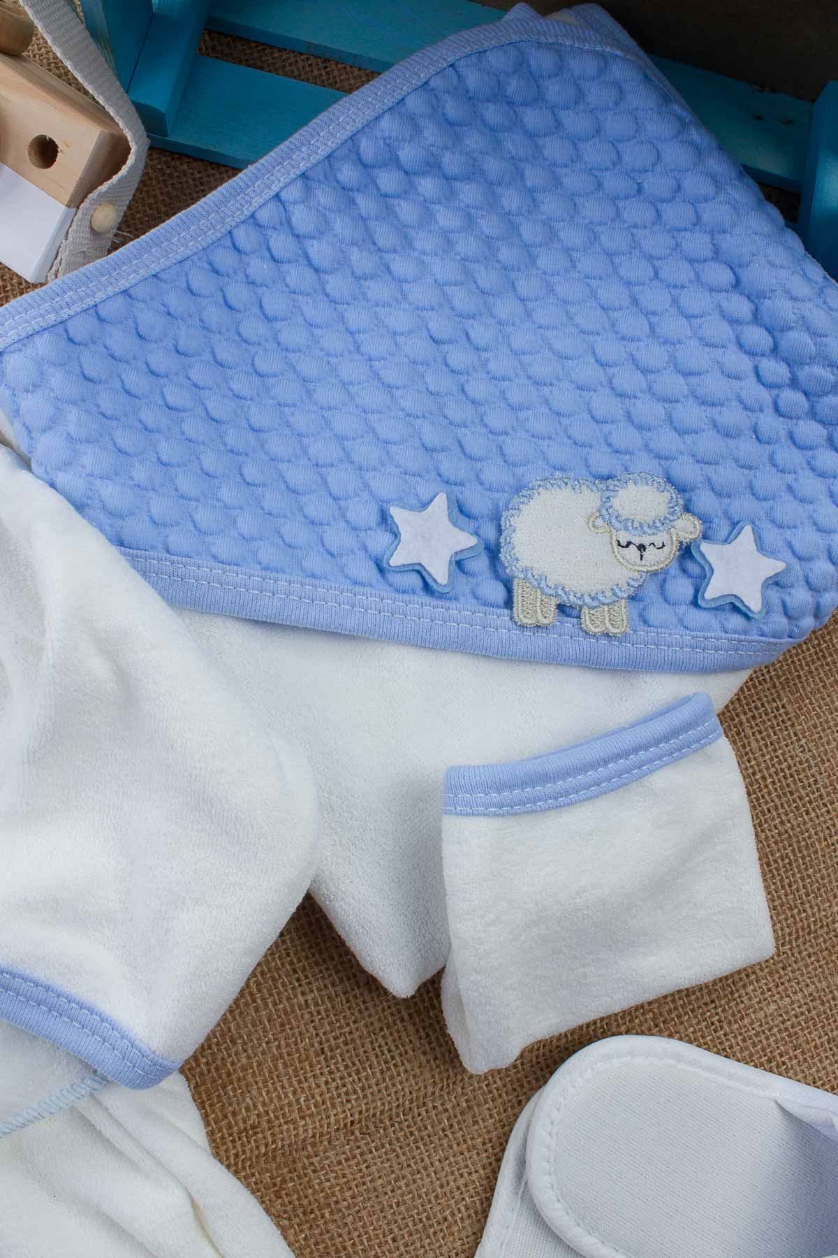 Mavi 4 Parça Pamuklu Erkek Bebek Bornoz Seti