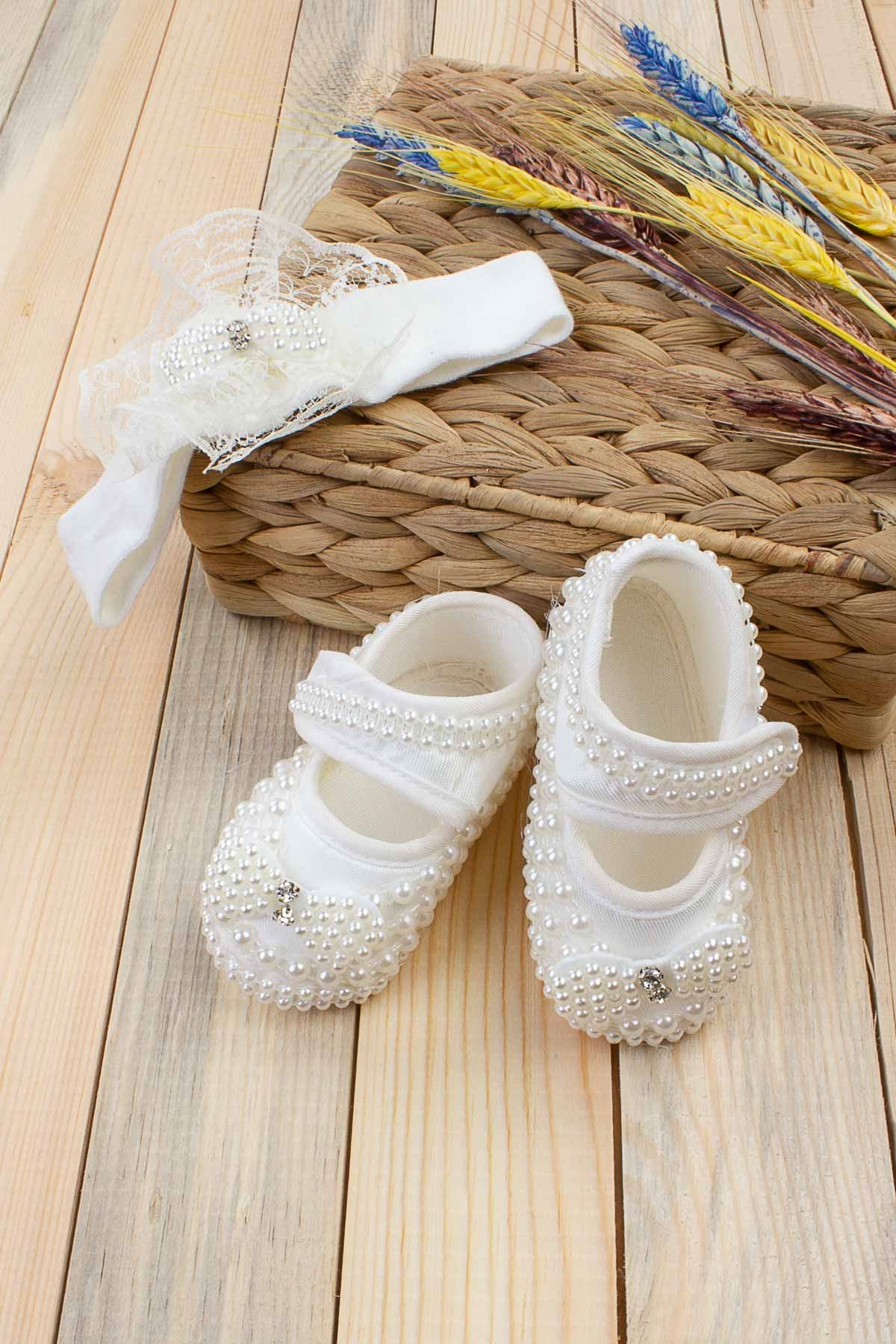 Krem İncili Taşlı Kız Bebek Özel Gün Ayakkabı Saç Bandı Set