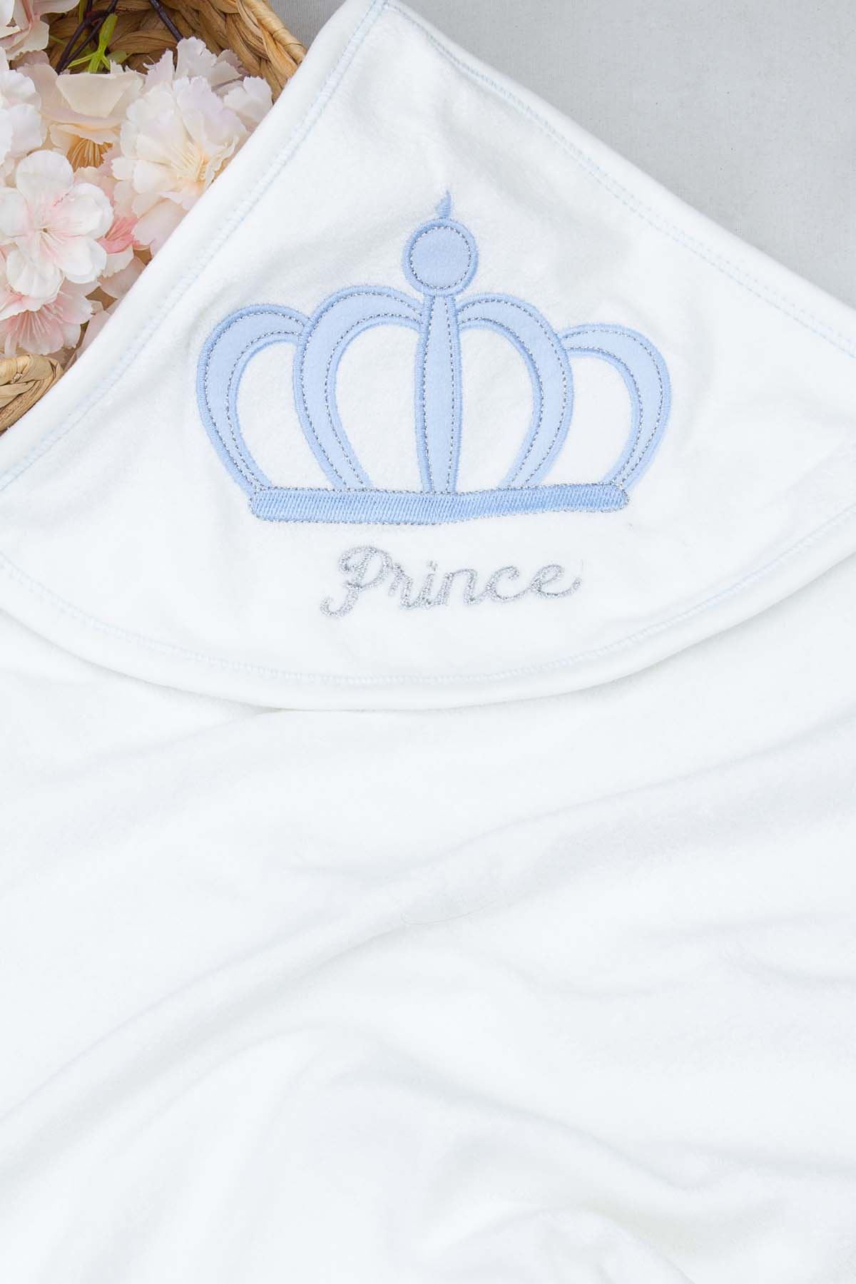 Beyaz Taçlı Prince 2 Parça Erkek Bebek Banyo Havlusu