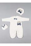 Navy blue baby boy king-crowned 3-piece suit overalls hospital outlet newborn rompers hat gloves cotton casual models