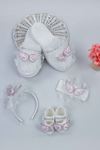 Pembe Angel Melek Kanatlı Lohusa Taç Terlik ve Bebek Patik Bandana Set