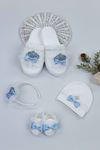 Blue Puerperal Crown Slippers and Baby Booties Hat Set