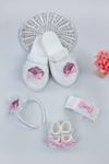 Pink Puerperal Crown Slippers and Baby Booties Bandana Set