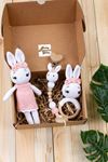 Organik El Yapımı Özel Tavşan Kız Amigurumi Çıngırak Emzik Askısı Oyuncak 3 li Set