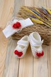 Kırmızı İncili Kız Bebek Ayakkabı Saç Bandı Set